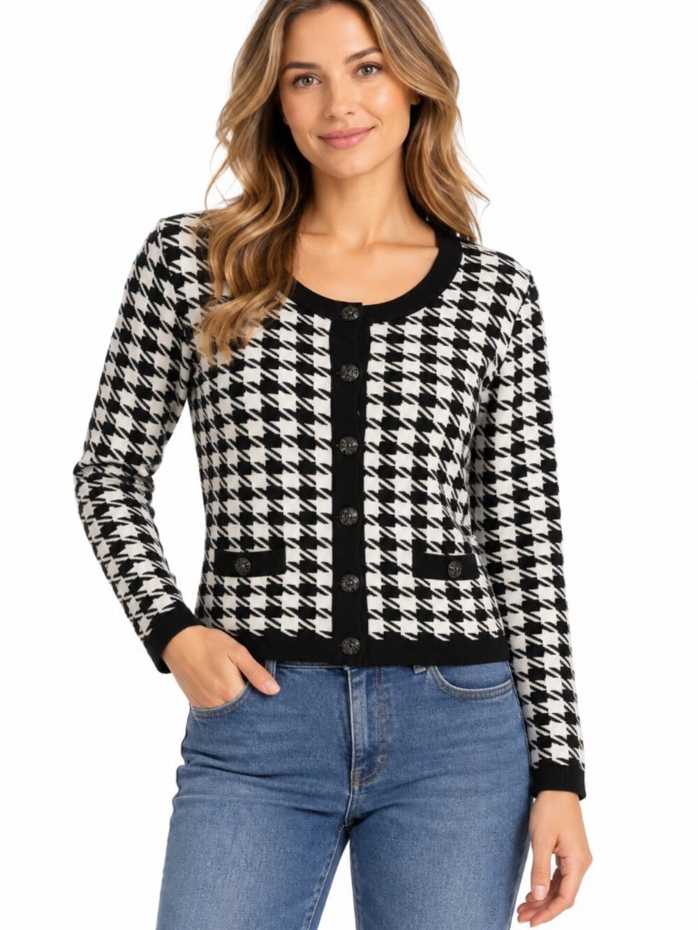 CYRUS Black & White Houndstooth Cardigan Sweater Size L